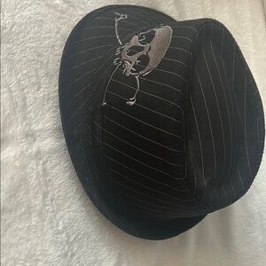 Black Pinstripe Fedora with Skull Embroidery